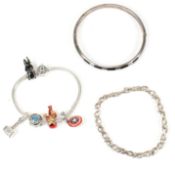 THREE SILVER BRACELETS & BANGLES INCLUDING PANDORA BRACELET