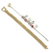 PANDORA SILVER CHARM BRACELET WITH 14CT GOLD CLASP & BRACELET
