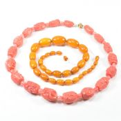 CARVED CORAL BUDDHA NECKLACE & PLASTIC AMBER STYLE NECKLACE