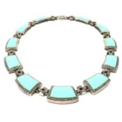 WHITE METAL MARCASITE & ENAMEL ART DECO STYLE PANEL NECKLACE