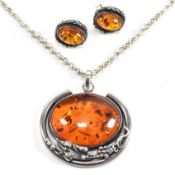 HALLMARKED SILVER & AMBER PENDANT NECKLACE & EARRINGS