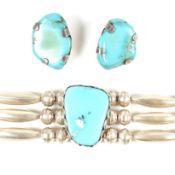 SILVER & SIMULATED TURQUOISE NECKLACE & TURQUOISE EAR CLIPS