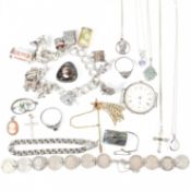 VINTAGE SILVER CHARM BRACELET & SILVER JEWELLERY & WATCH