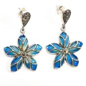 925 SILVER & MARCASITE PLIQUE-A-JOUR FLOWER PENDANT EARRINGS