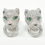 PAIR OF SILVER & CZ DESIGNER STYLE PANTHER HEAD STUD EARRINGS