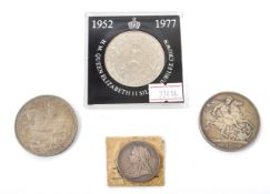 TWO VICTORIAN SILVER COINS WITH LATER COMMEMORATIVE CROWNS