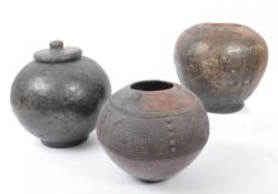 COLLECTION OF THREE LARGE CLAY TRIBAL POTS