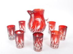 MID CENTURY BOHEMIAN RUBY RED CUT GLASS DRINKING SET