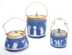 WEDGWOOD - THREE JASPERWARE SILVER PLATE LIDDED POTS