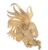 LARGE BRASS FIGURE IN FORM OF POISED FIGHTING COCKEREL