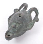 BRONZE ROMAN STYLE OIL LAMP WITH FAUN / DEVIL FACE