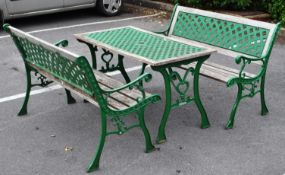 PAIR OF CAST METAL & TEAK GARDEN BENCHES WITH TABLE