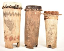 THREE LARGE AFRICAN BATA TRIBAL WOOD & LEATHER FLOOR DRUMS