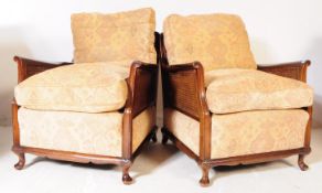 PAIR OF EDWARDIAN MAHOGANY BERGERE CANED ARMCHAIRS