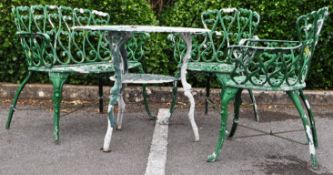 CAST METAL PAINTED GREEN PATIO TABLE GARDEN ARMCHAIRS & BENCH