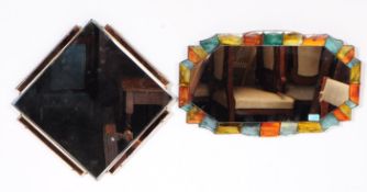 1930S ART DECO PEACH GLASS DIAMOND SHAPED MIRROR & ANOTHER