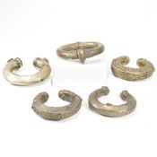 FIVE WHITE METAL BALOCHI IRANIAN BANGLE BRACELETS