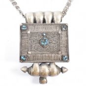 TIBETAN WHITE METAL & TURQUOISE GAO PRAYER BOX NECKLACE