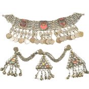 TWO WHITE TONE METAL & FOILED GLASS BREAST PLATES/HEAD DRESSES