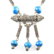 NORTH AFRICAN WHITE METAL FILIGREE & BLUE BEAD NECKLACE