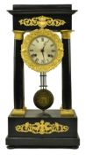 FRENCH EMPIRE STYLE PORTICO EBONISED MANTLE CLOCK