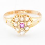 VICTORIAN HALLMARKED 15CT GOLD RUBY & PEARL HEART RING