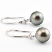 PAIR OF 18CT WHITE GOLD CULTURED PEARL & DIAMOND DROP EARRINGS