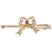 ANTIQUE GOLD RED STONE & SEED PEARL BOW BROOCH PIN