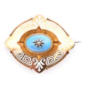 VICTORIAN GOLD PEARL & BLUE ENAMEL BROOCH PIN AF