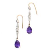 PAIR OF GOLD AMETHYST & DIAMOND ART DECO PENDANT EARRINGS