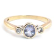 HALLMARKED 9CT GOLD AMETHYST & DIAMOND THREE STONE RING