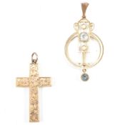 9CT GOLD ART NOUVEAU GEM SET PENDANT & 9CT GOLD CROSS PENDANT