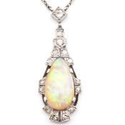 ART DECO OPAL & DIAMOND PENDANT NECKLACE