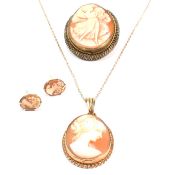 HALLMARKED 9CT GOLD CAMEO JEWELLERY SUITE & YELLOW METAL CAMEO BROOCH