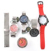 FOUR GENTLEMAN'S BRANDED WRISTWATCHES & FOLDING CLOCK