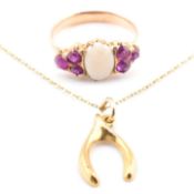 GOLD OPAL & RUBY RING & HALLMARKED 9CT GOLD PENDANT AF