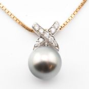 HALLMARKED 9CT GOLD BLACK PEARL & DIAMOND PENDANT NECKLACE