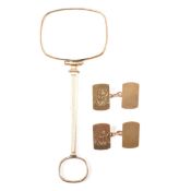 A PAIR OF HALLMARKED 9CT GOLD CUFFLINKS & ROLLED GOLD QUIZZER