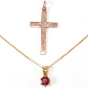 9CT GOLD & RED STONE PENDANT NECKLACE & GOLD CROSS PENDANT