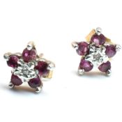 HALLMARKED 9CT GOLD RUBY & DIAMOND CLUSTER EARRINGS