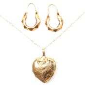 HALLMARKED 9CT GOLD HEART LOCKET NECKLACE & HOOP EARRINGS