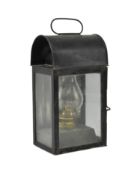 VICTORIAN RAILWAY CARRIAGE OIL LAMP IN GLAZED IRON CASE