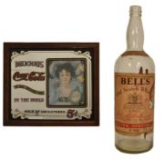 VINTAGE COCA COLA ADVERTISING MIRROR & A LARGE BOTTLE OF BELL'S