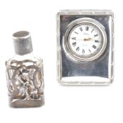 HALLMARKED SILVER MOUNTED PERFUME BOTTLE & EASEL CLOCK