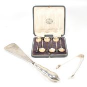 EARLY 20TH CENTURY HALLMARKED TONGS SPOONS SHOEHORN