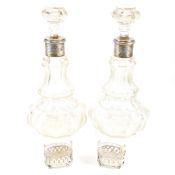 PAIR OF STERLING SILVER COLLAR ACID ETCHED DECANTERS