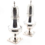 HALLMARKED GEORGE III PAIR OF SUGAR CASTORS / SIFTERS.