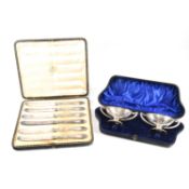 HALLMARKED VICTORIAN SILVER SALTS & 1911 SILVER HANDLED KNIVES
