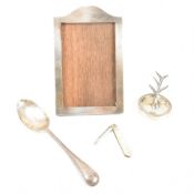COLLECTION OF SILVER ITEMS FRAME SPOON FRUIT KNIFE RING TREE