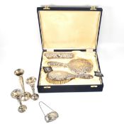 HALLMARKED SILVER DRESSING SET DECANTER LABEL & BUD VASES